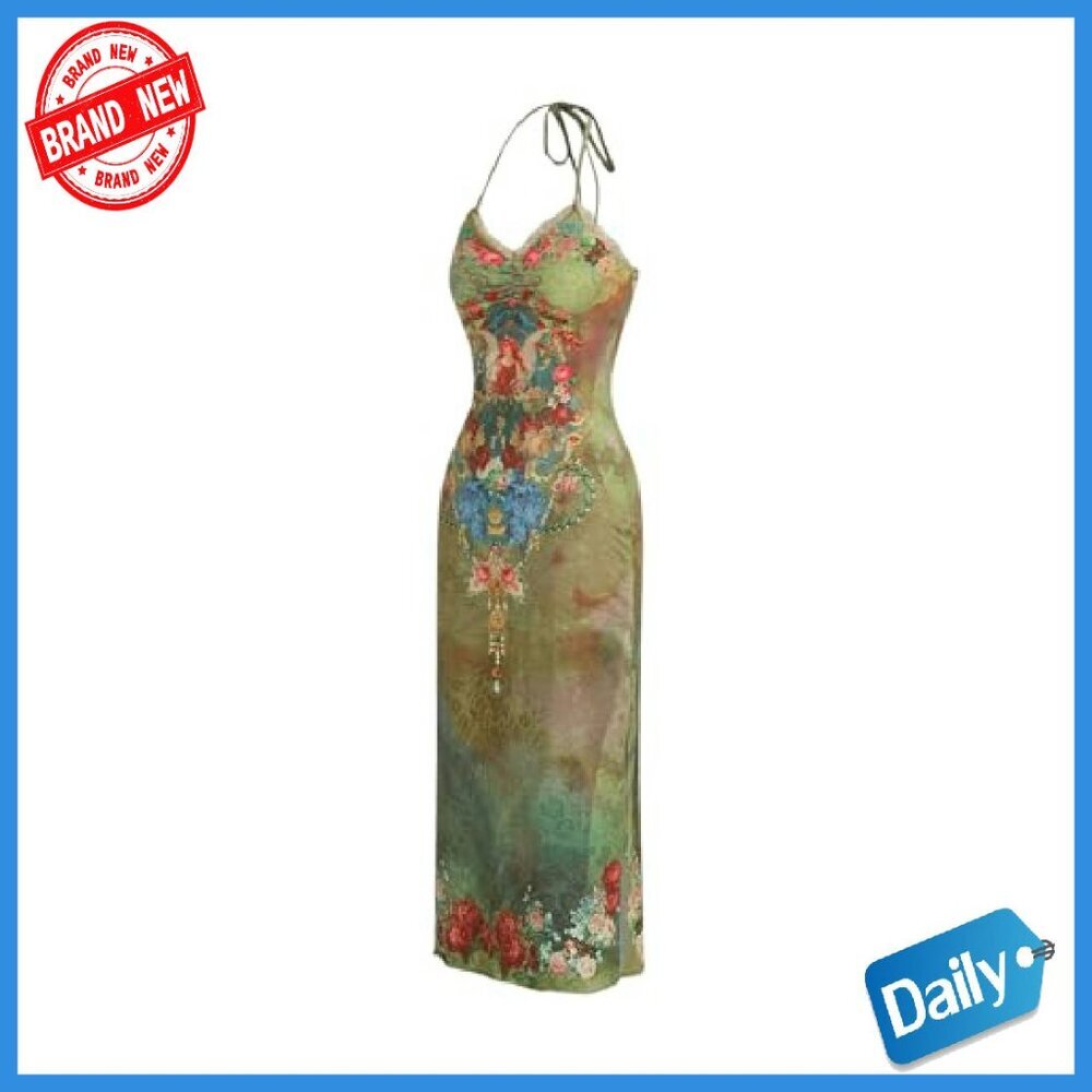 Floral Lace Trim Halter Neck Slit Hem Cami Midi Dress - Picture 4 of 6